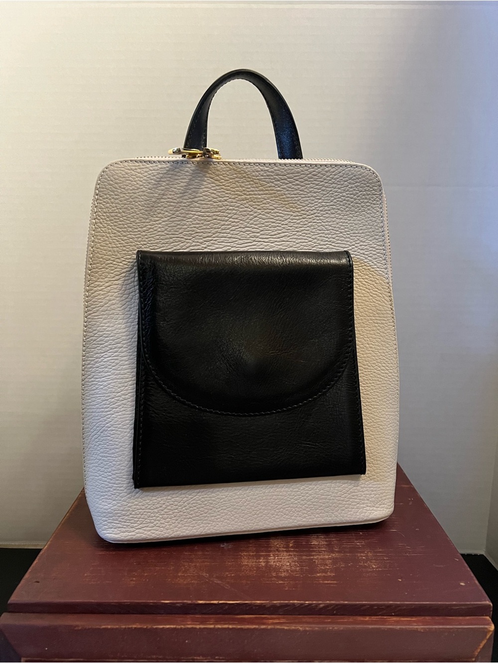 Two-Tone Black and Cream Leather Women's Backpack